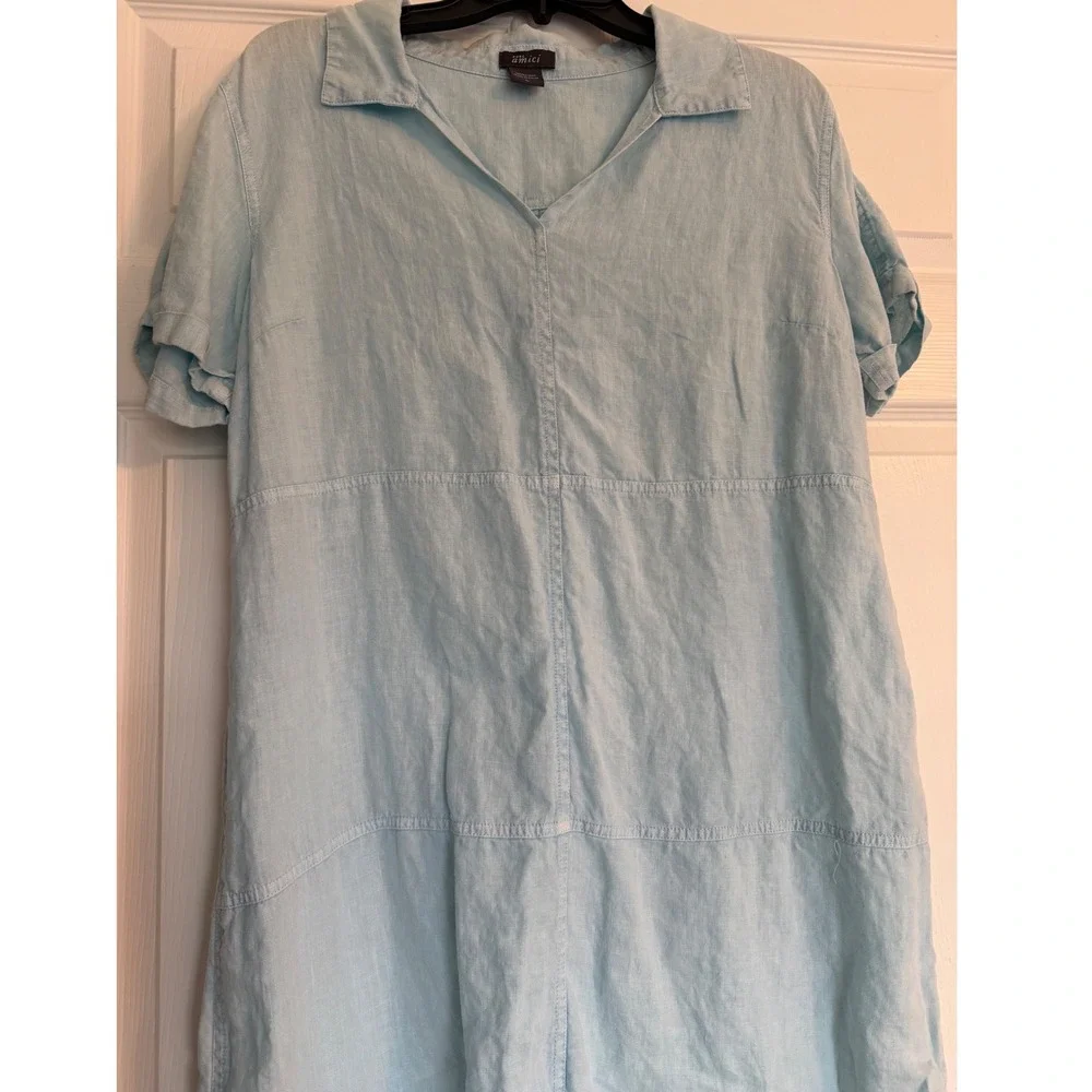 Pure Amici Light Blue 100% Linen Short Sleeve V-Neck Shift Dress L